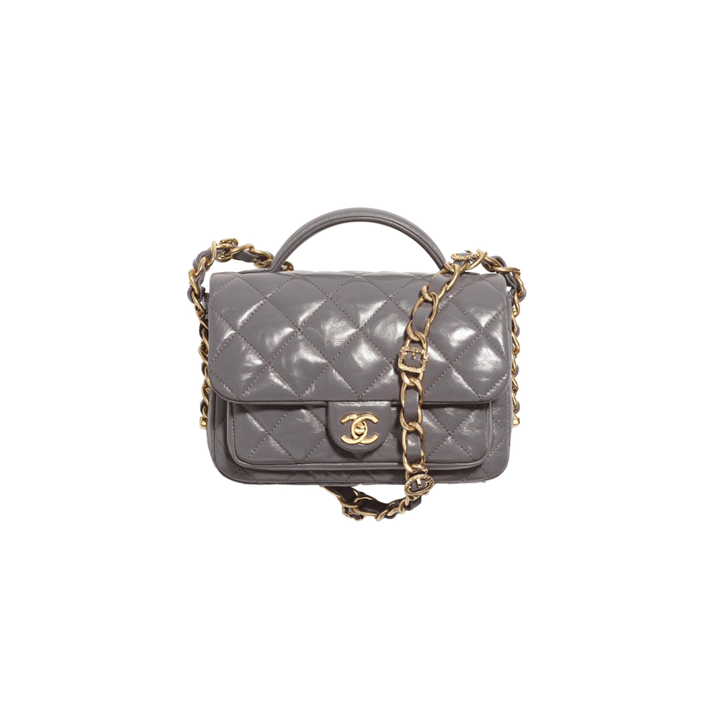Ch*el master flap bag with top handle, shiny lambskin gold-tone metal, grey as4992 (20*20*7cm)
